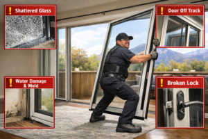 Professional installing sliding glass door in Murray Homes